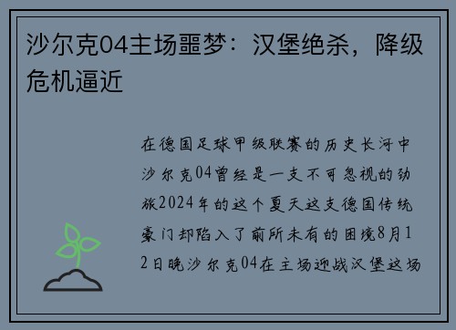 沙尔克04主场噩梦：汉堡绝杀，降级危机逼近
