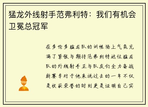 猛龙外线射手范弗利特：我们有机会卫冕总冠军