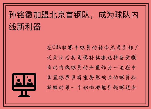 孙铭徽加盟北京首钢队，成为球队内线新利器
