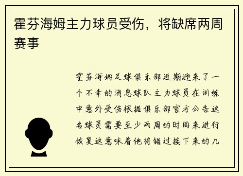 霍芬海姆主力球员受伤，将缺席两周赛事